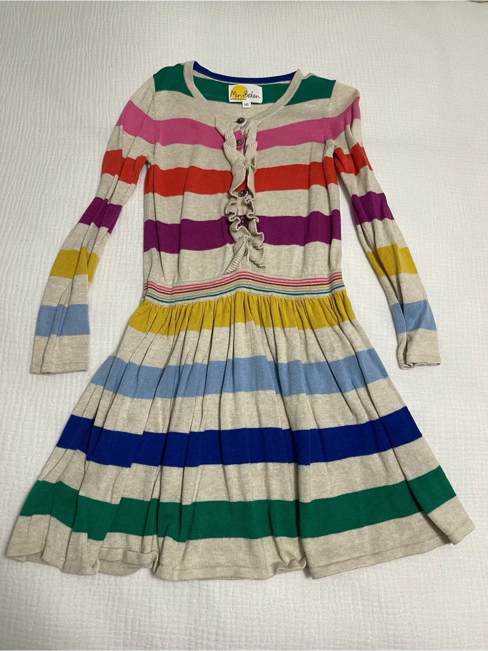 Mini Boden Cream Knit Dress with Multicolor Stripes Sz 7-8